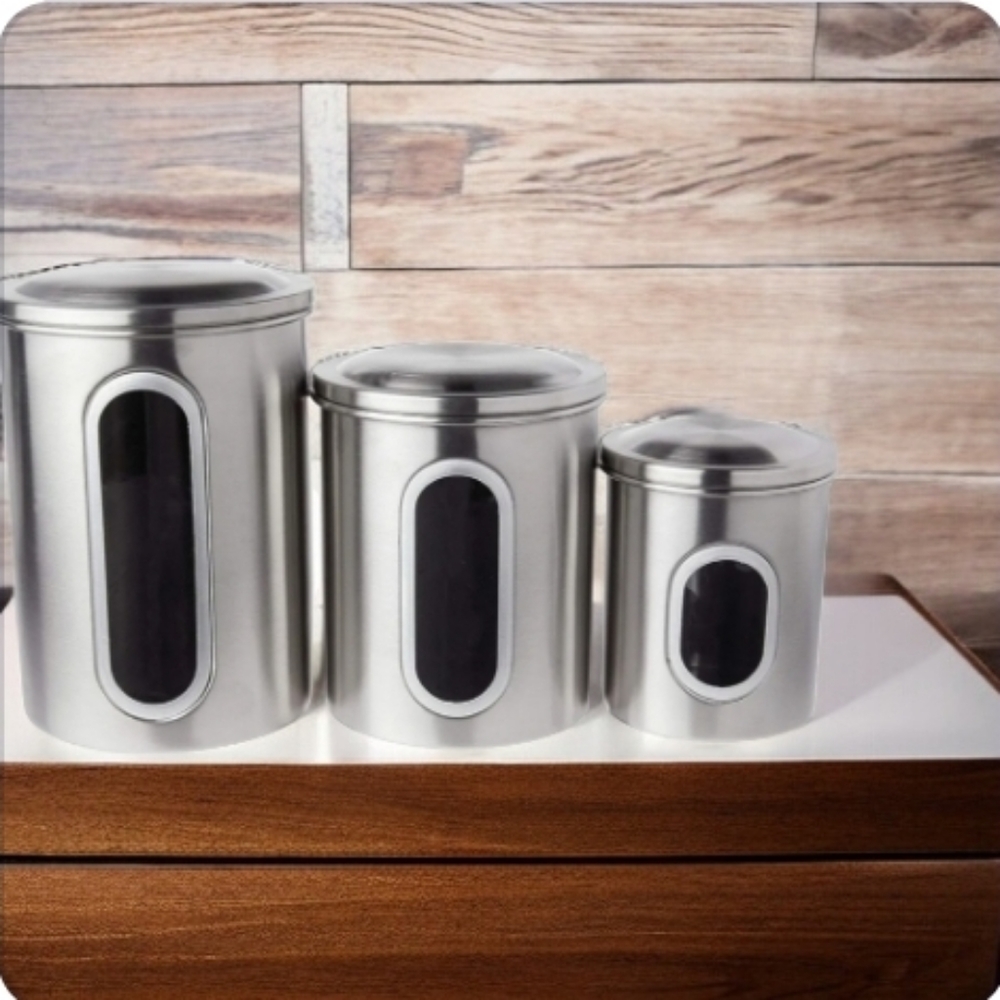 Canister 3 piece Set Pollished Aluminum w/observation windows. Never Used
